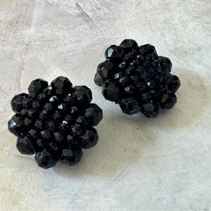 Vintage Black Beaded Clip-On Earrings – Faceted Cluster Floral Statement Jewelry